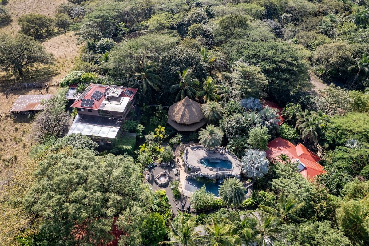 Aerial view of the jungle hotel and its pools